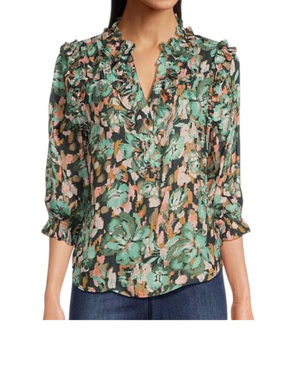 Democracy 3/4 sleeved floral ruffle blouse size L - Picture 2 of 11